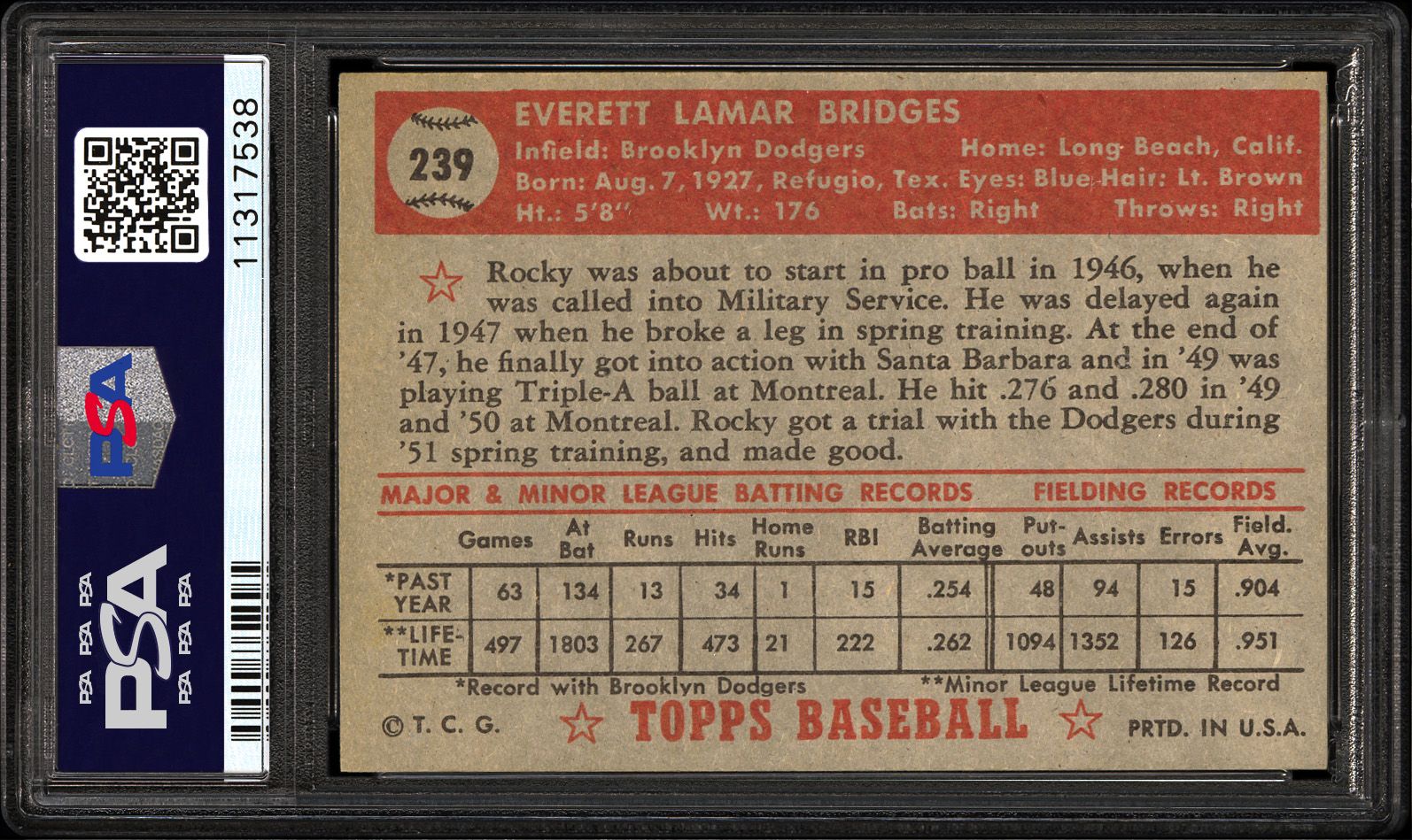 1952 Topps Rocky Bridges | PSA CardFacts®
